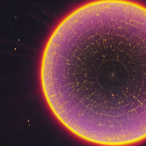 Prompt: an ultra high resolution photo taken by nasa hubble telescope of a perfect dyson sphere comprised of entangled strands of yellow and violet dna enclosing the moon. futuristic, sci fi, 2 0 0 1 space odyssey film, cinematic, backlit