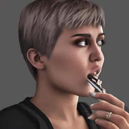 Image similar to Miley Cryus smoking a joint, 8k, realistic, extreme details, detailed, sharp, smoke