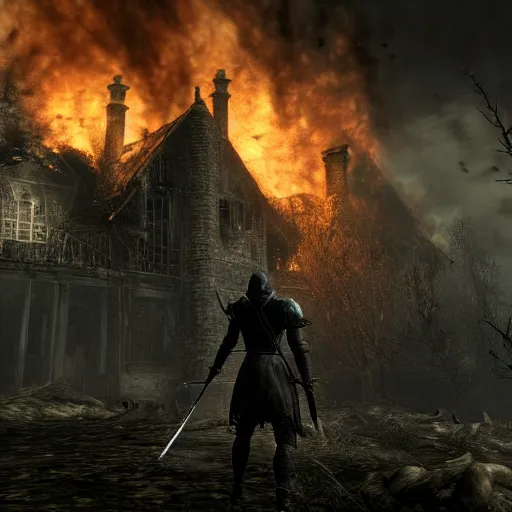 Image similar to a photo of a house burning down in the background and dark souls with an eerie expression in the foreground, strong depth of field