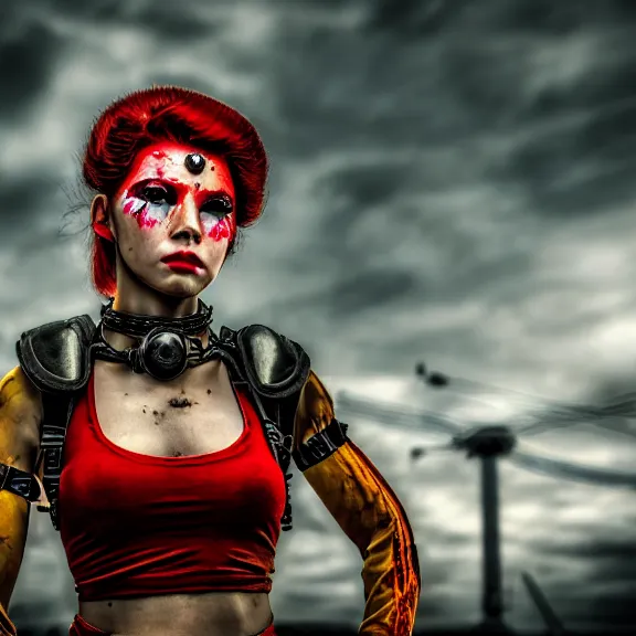 Image similar to photo of a real - life beautiful female atompunk warrior, 4 k, hdr, smooth, sharp focus, high resolution, award - winning photo