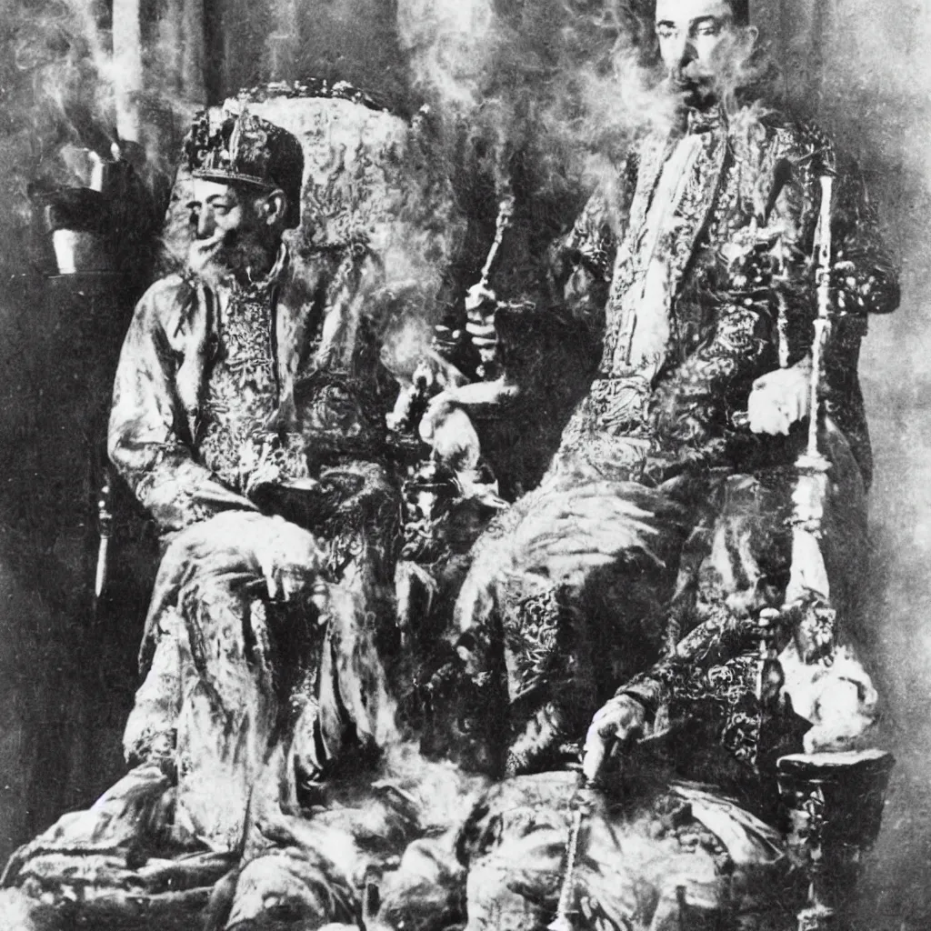 Prompt: turkish emperor smoking a hookah and lounging