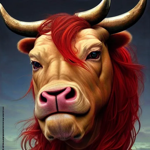 Image similar to portrait of a bull with a humanoid face, male, handsome, masculine, full body, red hair, long hair, soft hair, fantasy, intricate, elegant, highly detailed, suit, coffee shop, digital painting, artstation, concept art, character art, smooth, sharp focus, illustration, art by artgerm and greg rutkowski and alphonse mucha