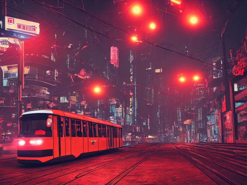 Prompt: an streetcar ktm - 8 red and white stands at a road on the other planet, headlights shine with neon light, in the background in the distance the earth, atmospheric, futuristic, cyberpunk, ray tracing global illumination, 8 k resolution, ultra detailed