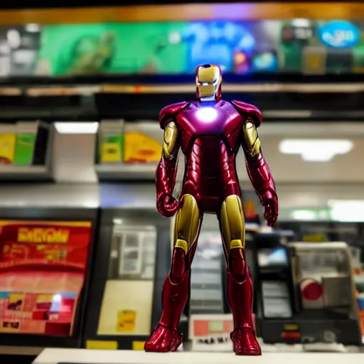 Image similar to Iron Man working as a 7/11 cashier, macro, wide shot, very detailed