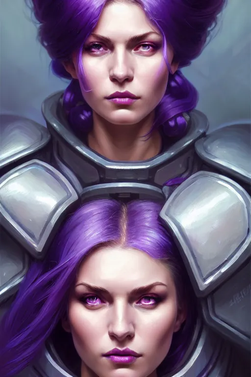 Image similar to alexey gurylev, close up portrait, pale woman in power armor with purple hair, mysterious, deep focus, d & d, fantasy, complex, elegant, highly detailed, digital painting, artstation, concept art, matte, clear focus, illustration, hearthstone, artgerm art, greg rutkovsky and alphonse mucha