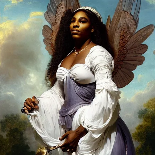 Image similar to Serena Williams as Nike Goddess portrait, wings, luxuriant, dreamy, eternity, romantic, highly detailed, in the style of Franz Xaver Winterhalter, highly detailed, in the style of Aetherpunk