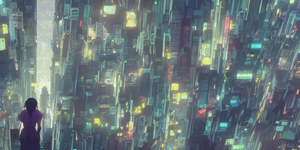 Prompt: a stylized 2 d cinematic keyframe of a ghost in the shell city, overhead, awe inspiring, joy gaze, cel - shaded, classical animation, edge - to - edge print, rendered by studio ghibli, artgerm, alyssa monks, andreas rocha, david kassan, neil blevins, rule of thirds, golden ratio, ambient lighting