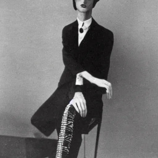 Image similar to 1930s porteait of a young anorexic man with very long hair and extravagant clothes