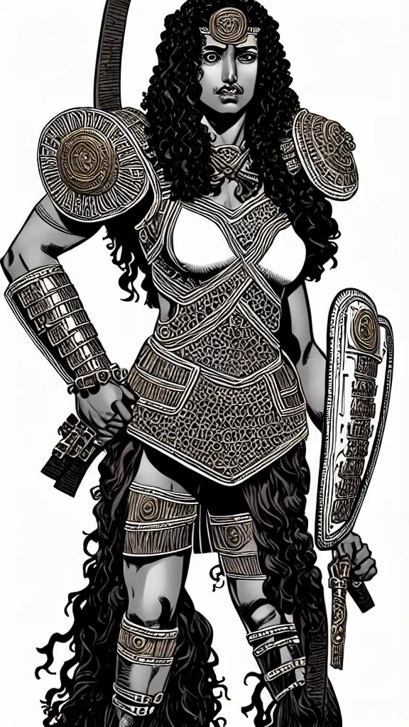 Prompt: greek amazon warrior, a tall beautiful woman with brown skin and long curly dark hair, dressed in hellenistic body armour, intricate, elegant, highly detailed, smooth, sharp focus, detailed face, high contrast, graphic novel, black and white, art by laurie greasley