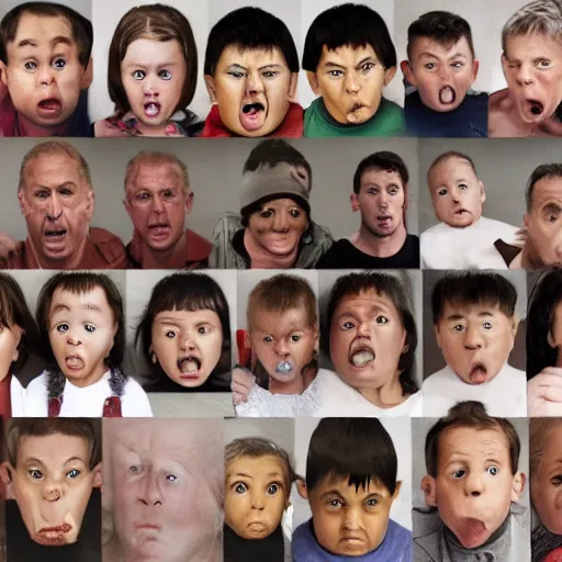 Image similar to a dozen furious faces hovering over a cowering child