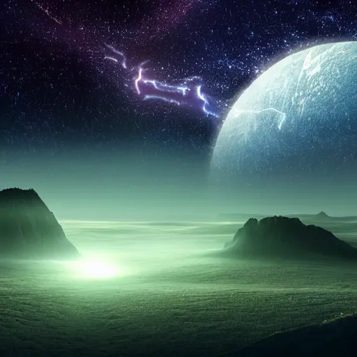 Image similar to grainy atmospheric alien landscape with glowing lights