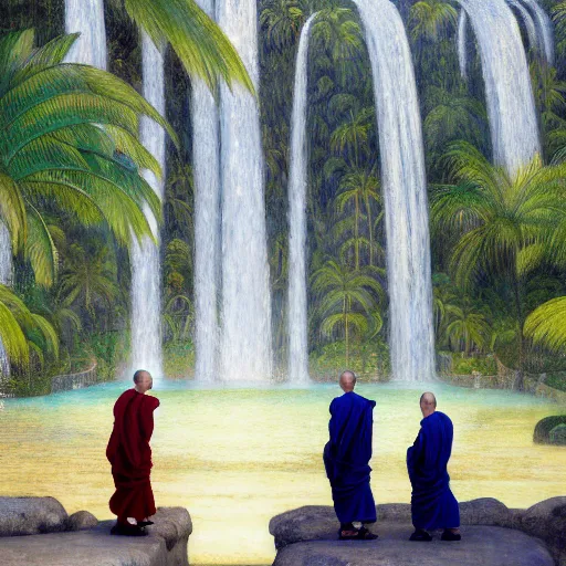 Image similar to a ultradetailed beautiful painting of monks standing in front of the diamonds waterfall in the amazonas palace balustrade designed by jules bastien - lepage, tarsila do amaral, frank weston and gustave baumann, beach, trending on artstation, mediterranean, palm trees, sharp focus, soft light, 8 k 4 k