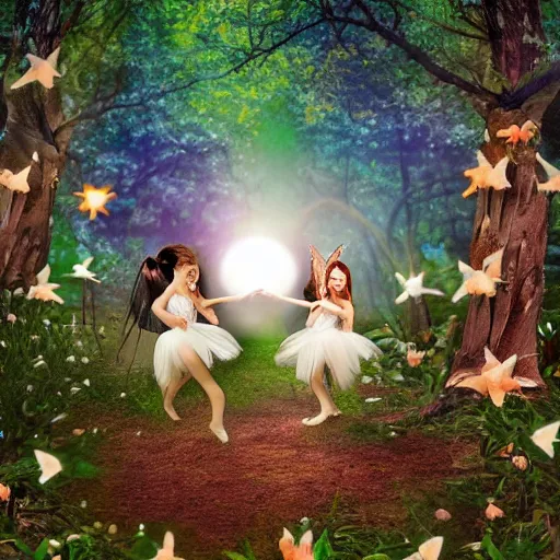 Image similar to Fairies dancing in the woods by full moon, realistic photo