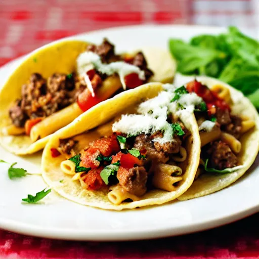 Image similar to a photograph of sausage pasta tacos