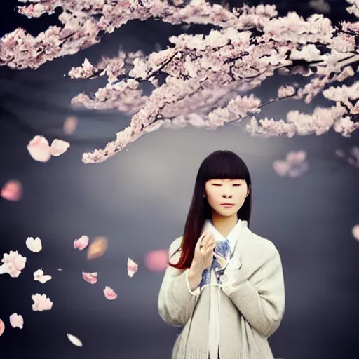 Prompt: a beautiful young Japanese girl, surrounded by sakura petals blowing in the wind, aesthetic!!!, beautiful!!!