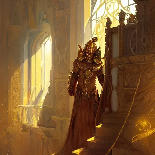 Image similar to A young king in golden armor making a speech from a balcony with his servant beside him, fantasy, highly detailed, digital painting, artstation, concept art, illustration, art by Bayard Wu and Marc Simonetti