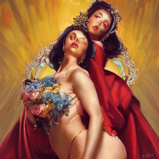 Image similar to two queens in illegal marriage, high vertical symmetry, photorealistic oil painting, beautiful, oil, vintage shading by Artgerm and ilya repin, artstation