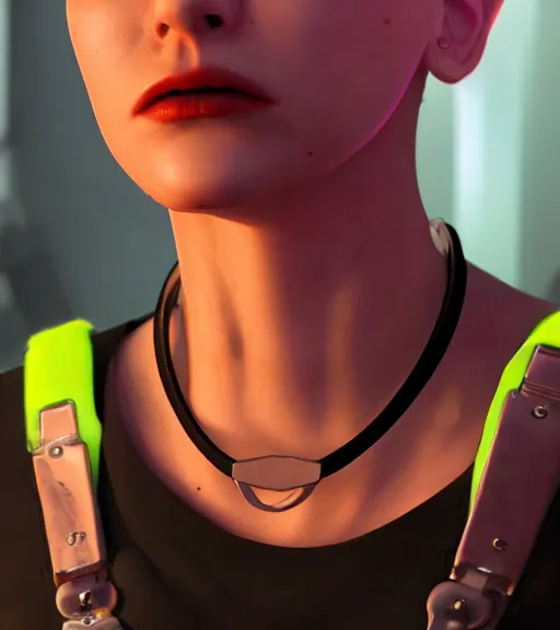 Image similar to detailed realistic female character cyberpunk wearing thick technological collar around neck, realistic, art, beautiful, 4K, collar, choker, collar around neck, punk, artstation, detailed, female, woman, choker, cyberpunk, neon, punk, collar, choker, collar around neck, thick collar, tight around neck, punk,