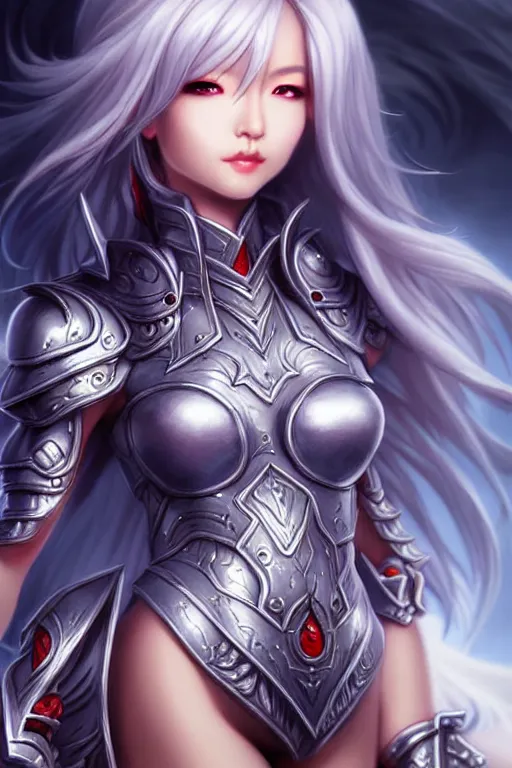 Prompt: sakimi chan, detailed face, standing, silver fantasy armor, tony sart