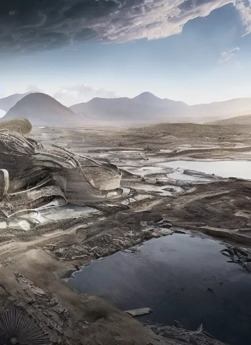 Image similar to bioremediation white mining tailing futuristic horizontal architecture in chuquicamata, epic, cinematic, hyperealistic, high detailed, corona render, hdr, ray tracing