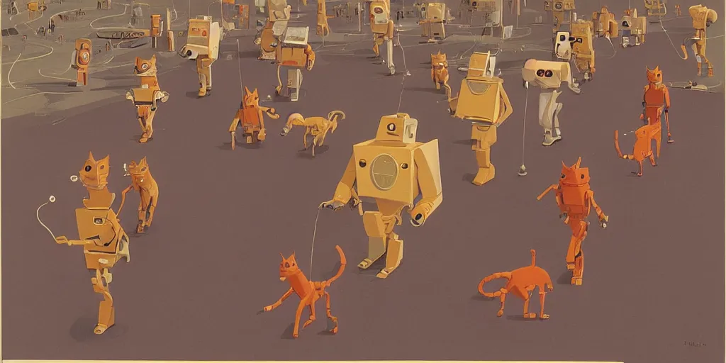 Image similar to many robot kitty cats walking isometrically, Dan McPharlin, Ralph McQuarrie