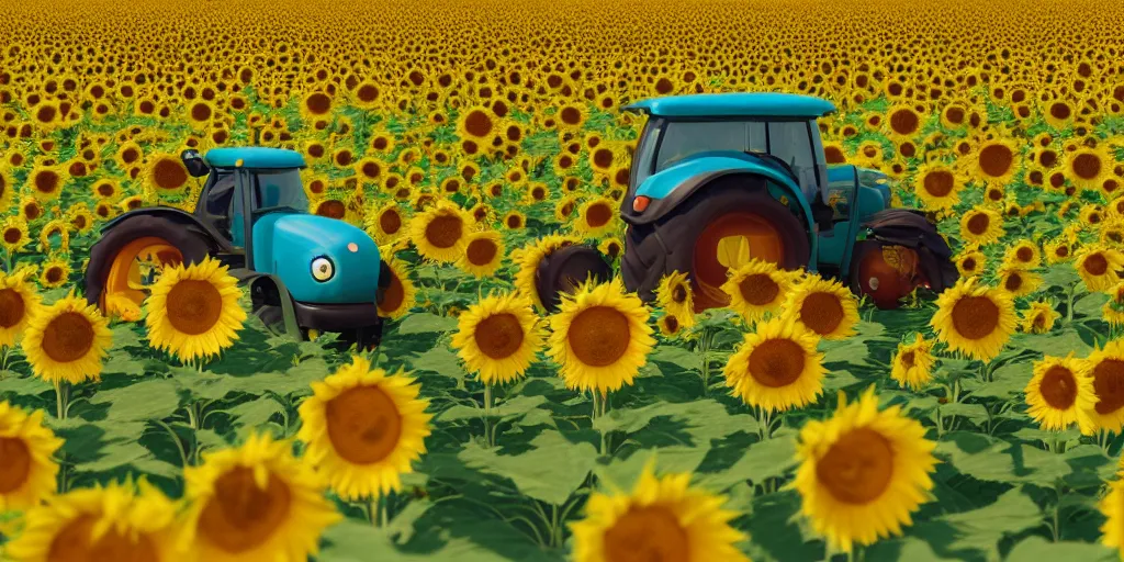 Image similar to cute little tractor in a sunflower field, still from a wes anderson film, cinematic, goro fujita, chiho aoshima, beeple, trending on artstation, highly detailed, scene from a movie, soft lighting, 8 k