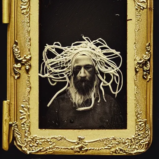 Prompt: the flying spaghetti monster. daguerreotype portrait photograph. inspired by gerard grom and ansel adams. beautiful. cute. happy. highly detailed. old timey.