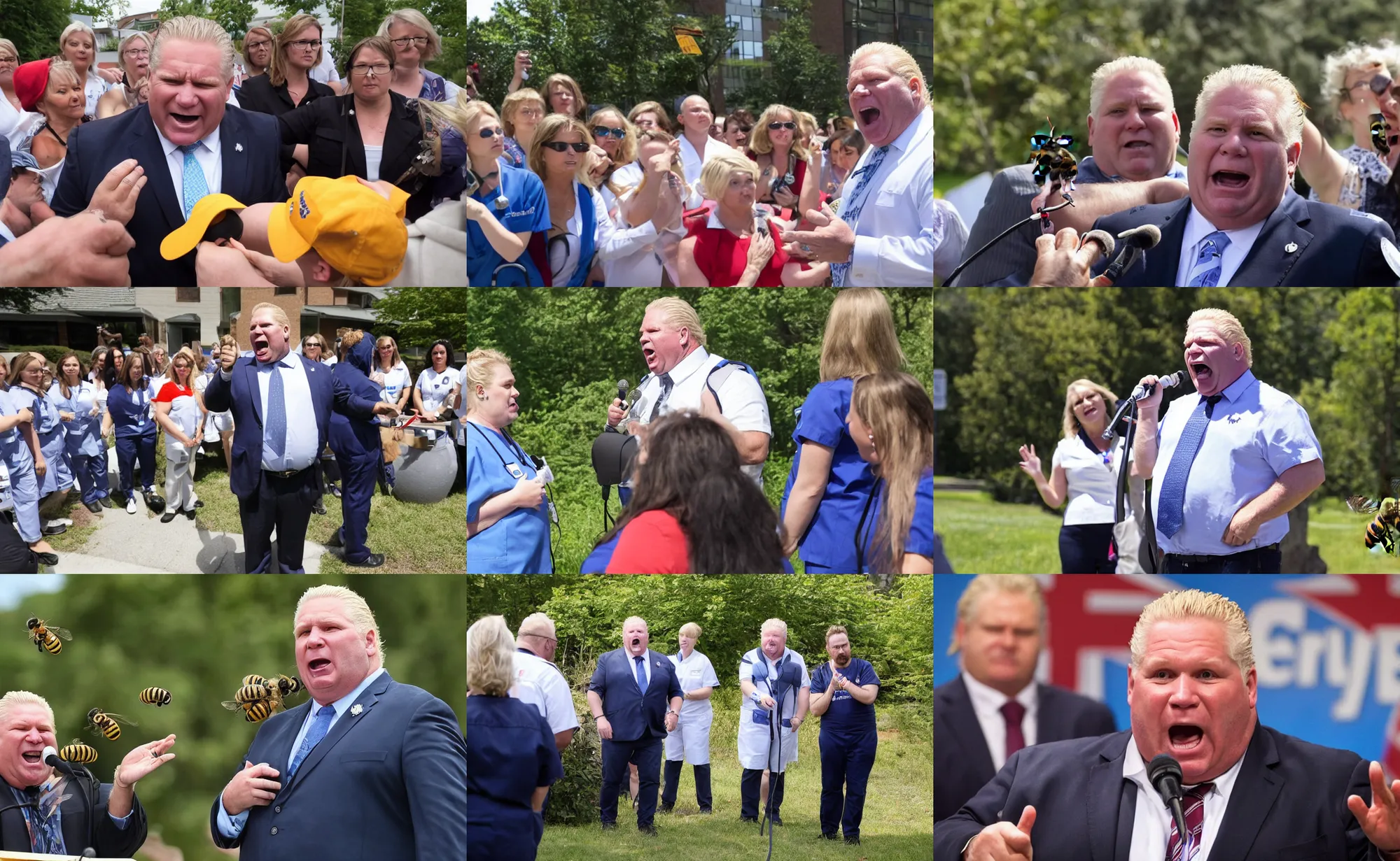 Prompt: doug ford yelling at nurses being stung by bees