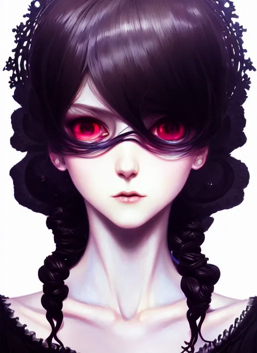 Image similar to portrait of beautiful gothic girl, cute face, intricate, highly detailed, digital painting, official media, anime key visual, concept art, rich vivid colors, ambient lighting, sharp focus, illustration, art by wlop and ilya kuvshinov and makoto shinkai and range murata and gustav klimt