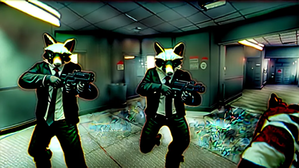 Image similar to screenshot from the pc game payday 2 demonstrating the fursuit unlock - hoxton? more like foxton.