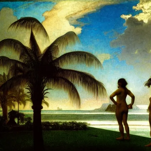 Image similar to Silhouette of two girls at the palace, thunderstorm, greek pool, beach and palm trees on the background major arcana sky, by paul delaroche, alphonse mucha and arnold böcklin arnold böcklin hyperrealistic 8k, very detailed