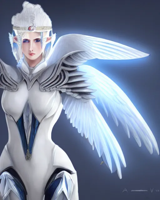 Image similar to perfect white haired attractive egyptian goddess with huge white dove wings, warframe armor, beautiful, symmetric, dreamy, half asian, pretty face, blue eyes, detailed, scifi platform, laboratory, experiment, 4 k, ultra realistic, epic lighting, android body, illuminated, cinematic, masterpiece, art by akihito tsukushi, voidstar