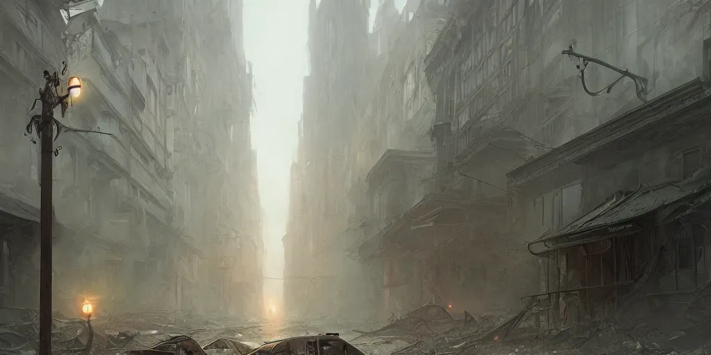 Image similar to A deserted street in a deserted decayed modern town, fog, dark fantasy, dystopia, intricate, highly detailed, digital painting, artstation, concept art, sharp focus, illustration, art by greg rutkowski and alphonse mucha
