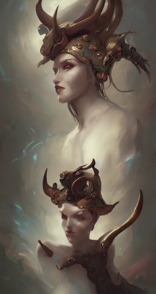 Image similar to a digital painting of a woman with horns on her head, concept art by peter mohrbacher, featured on cgsociety, fantasy art, cosmic horror, artstation hd, dark and mysterious