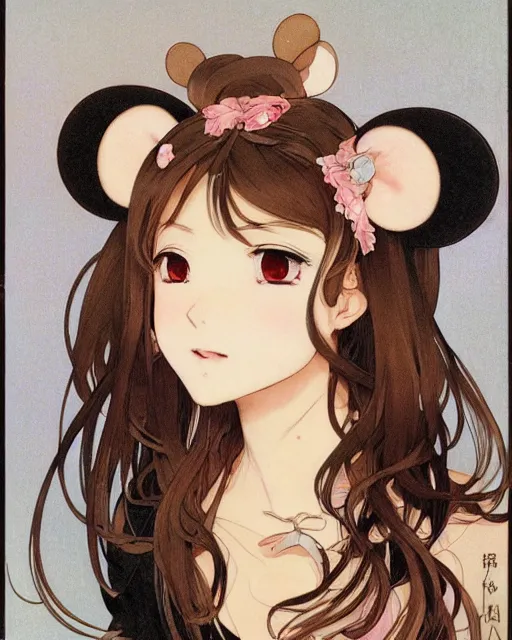 Image similar to A cute frontal painting of a very very beautiful anime skinny mousegirl with long wavy brown colored hair and small mouse ears on top of her head wearing a cute black dress and black shoes looking at the viewer, elegant, delicate, feminine, soft lines, higly detailed, smooth , pixiv art, ArtStation, artgem, art by alphonse mucha Gil Elvgren and Greg rutkowski, high quality, digital illustration, concept art, very long shot