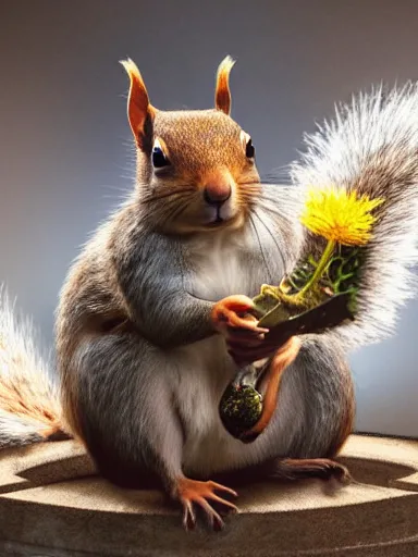 Prompt: a squirrel as king arthur, extremely plump, wearing crown of acorns and dandelions, crown, crown, servant squirrels, king arthur's court, game of thrones, sitting on throne, extreme wide shot, low angle, palace, fantasy art, cinematic lighting, realistic, sony 2 4 mm f 8. 0