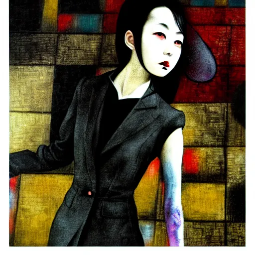 Image similar to yoshitaka amano blurred and dreamy realistic three quarter angle portrait of a young woman with black lipstick and black eyes wearing dress suit with tie, junji ito abstract patterns in the background, satoshi kon anime, noisy film grain effect, highly detailed, renaissance oil painting, weird portrait angle, blurred lost edges