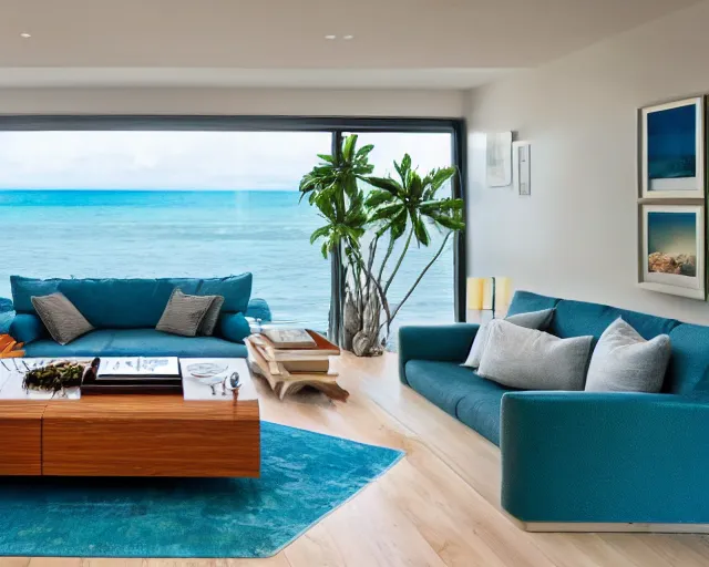 Image similar to A modern living room in a ocean hues style, ocean view, luxurious wooden coffee table, calm, relaxed style, harmony, wide angle shot, 8k resolution