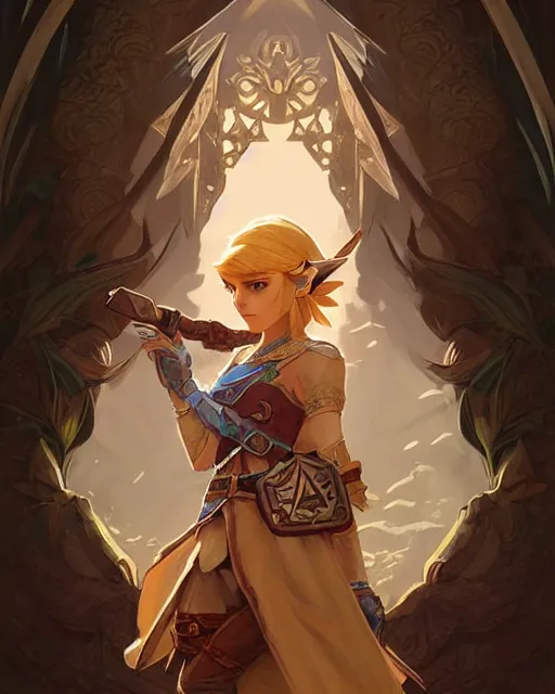 Image similar to legend of Zelda, D&D, fantasy, intricate, elegant, highly detailed, digital painting, artstation, concept art, matte, sharp focus, illustration, hearthstone, art by Artgerm and Greg Rutkowski and Alphonse Mucha