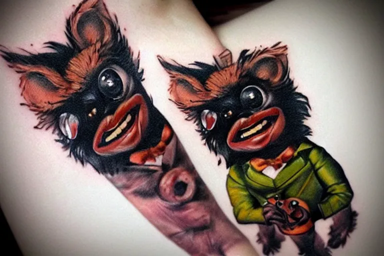 Prompt: a cute hyper realistic tattoo of gizmo from the movie gremlins wearing a wedding suit and looking happy. neo modern tattoo school, tattoo, dslr