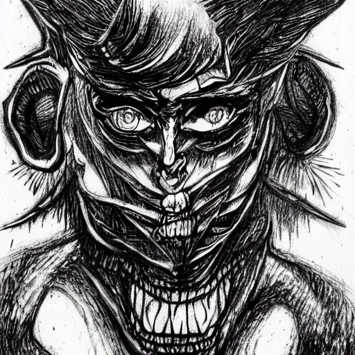 Prompt: ballpoint pen art of a demon, scribble, etching