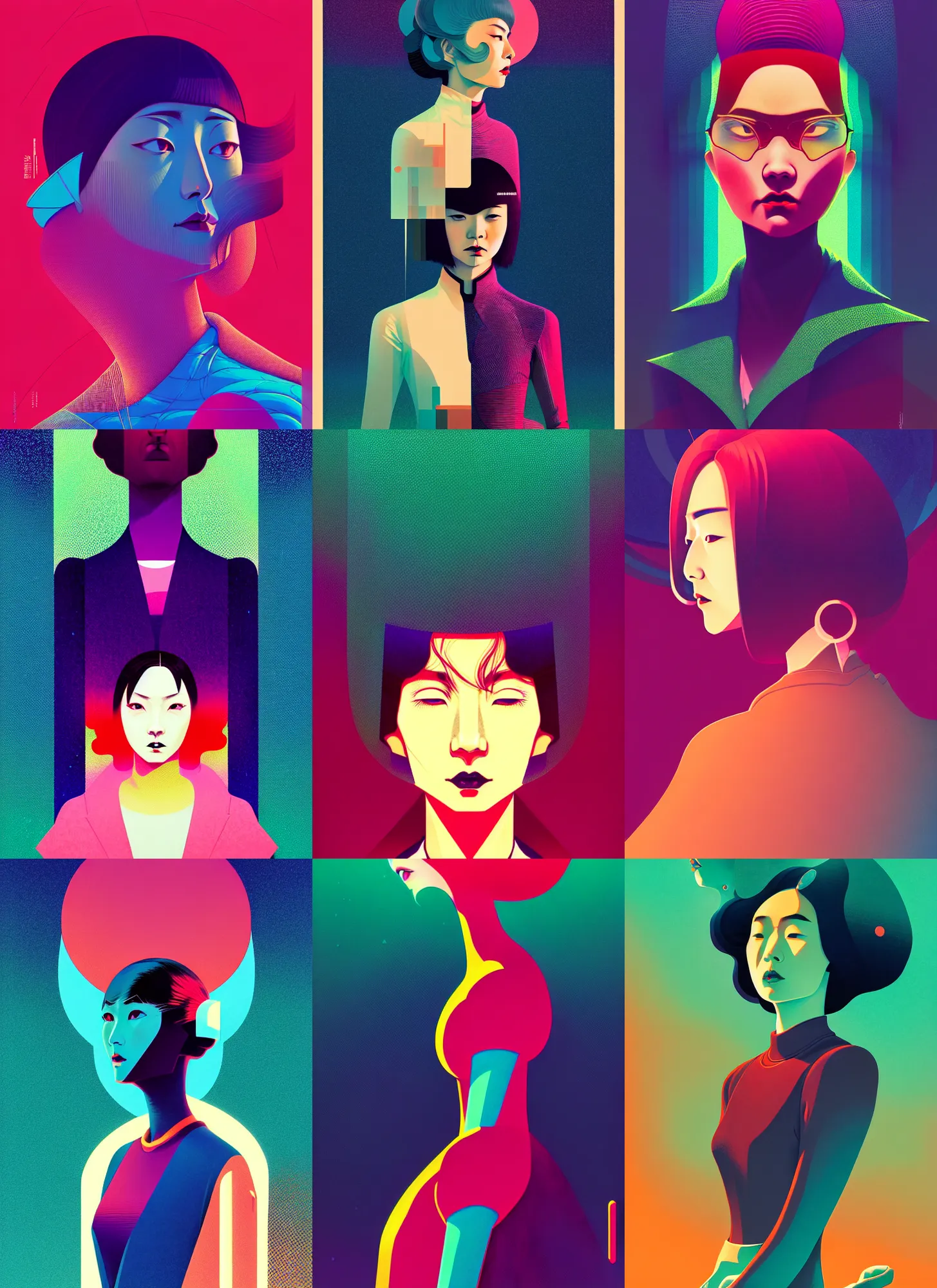Prompt: ( ( dither ) ), editorial illustration portrait of kyoko otonashi, dynamic pose, modern art deco, colorful, ( ( mads berg ) ), christopher balaskas, victo ngai, rich grainy texture, detailed, dynamic composition, wide angle, moebius, matte print, anime visual