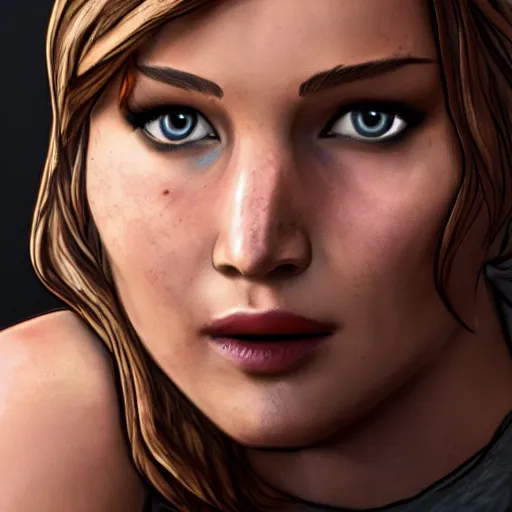 Image similar to jennifer lawrence portrait, borderlands, tales from the borderlands, the wolf among us, comic, cinematic lighting, studio quality, 8 k