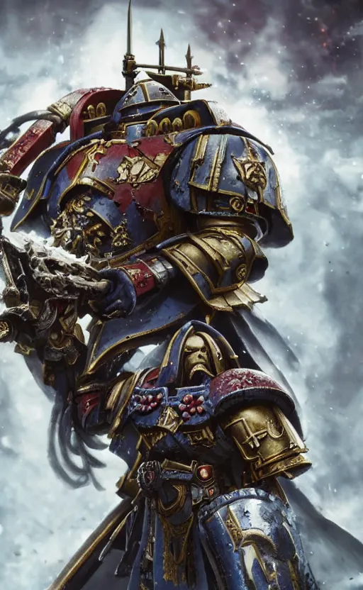 Image similar to warhammer 40k Emperor of Mankind, portrait, beautiful face, long hair, illustration, fine details, cinematic, highly detailed, octane render