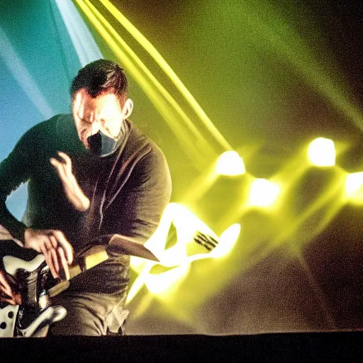 Prompt: Trent Reznor smashing a guitar on a synthesizer, dust, smoke, colored projections, ultrafine detail, cybersuit, glowing thing wires, smoke, high contrast, projections, associated press photo, masterpiece