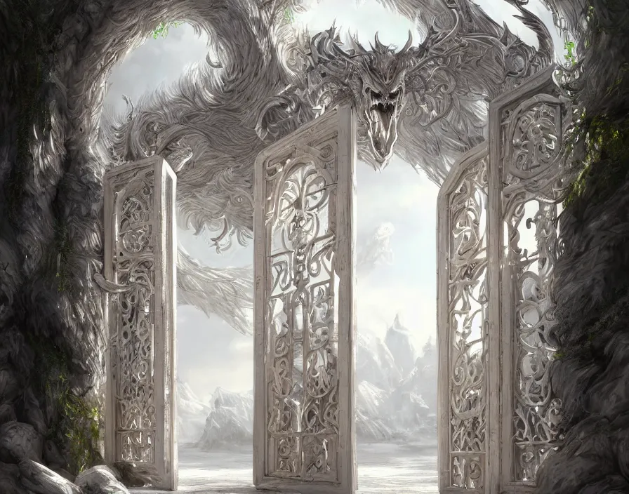 Image similar to a very detailed concept art of intricate and well designed white magical gates to the land of animal spirits, dynamic lighting, trending on artstation, path traced, highly detailed, high quality, digital art, 4 k, hyper realistic, octane render, sharp focus
