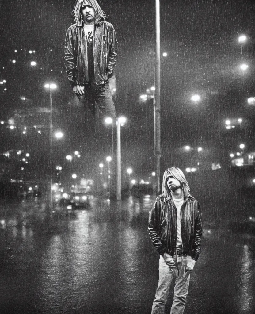 Image similar to medium format photo of kurt cobain in seattle, raining! nighttime, color, photorealistic, hyperdetailed, 8 k