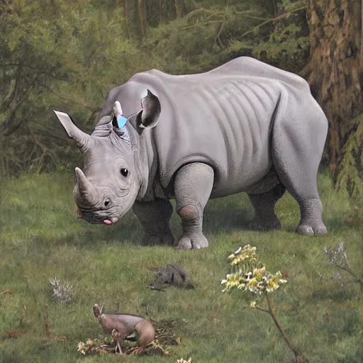 Image similar to a charles r. knight painting of a rhino / squirrel in its natural habitat