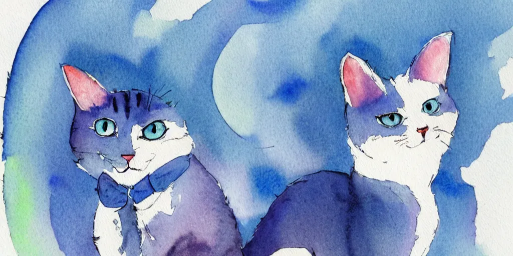 Prompt: watercolor illustration style, cute cats with blue wings, white background