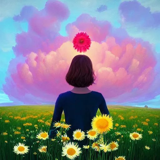 Image similar to head made of giant daisy, girl standing in a vast flower field, holding flowers, surreal photography, sunrise dramatic light, impressionist painting, colorful clouds, large sky, digital painting, artstation, simon stalenhag, flower face